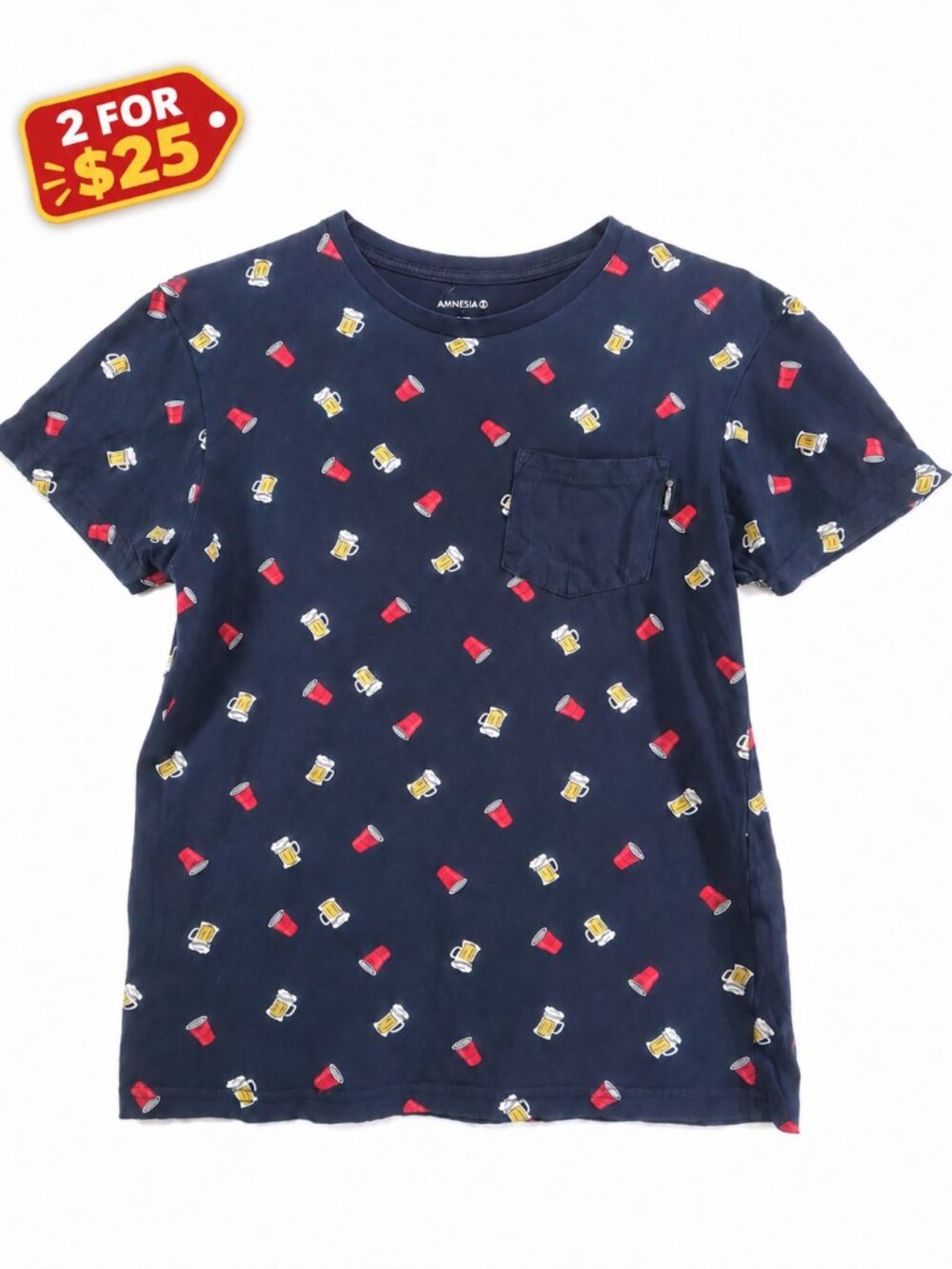 Amnesia, T-Shirt, Beer Mugs & Red Solo Cups Print, Navy & Red, Unisex Size S